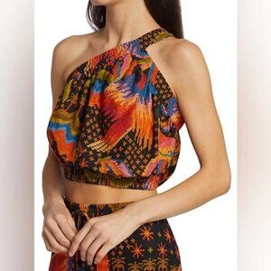 NWT FARM Rio Top, S, One Shoulder Crop Macaw Island Linen Blend Tropical Summer